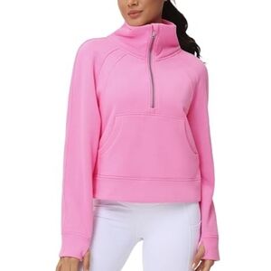 Half Zip Pullover Fleece Stand Collar Crop Sweatshirt with Pockets Pink
